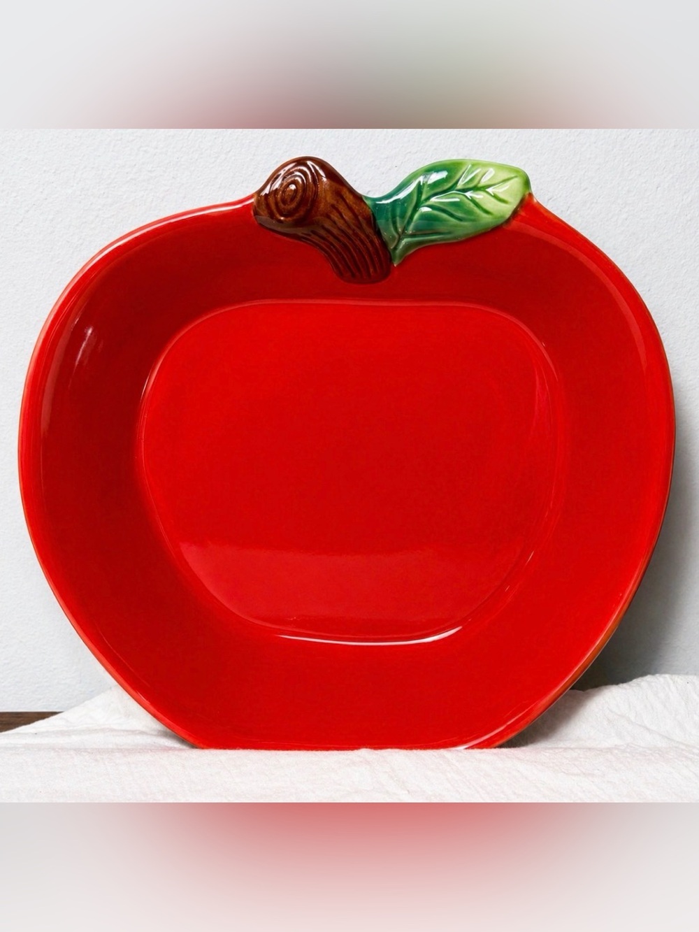 Vintage Red Apple Ceramic Serving Bowl with Leaf Accent